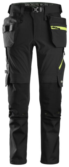 6940 Pantalones largos de trabajo elásticos FlexiWork Softshell Slim Fit bolsillos flotantes negro/ amarillo neón
