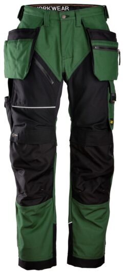 6214 Pantalones largos de trabajo con bolsillos flotantes Canvas+ RuffWork verde forestal-negro