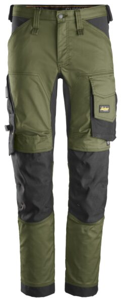 6341 Pantalones largos de trabajo elásticos AllroundWork Slim Fit color verde khaki/ negro