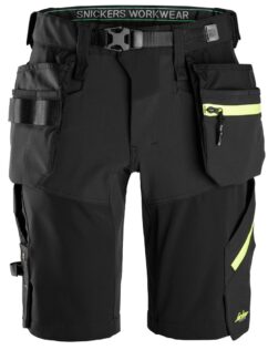 6140 Pantalones cortos de trabajo elásticos FlexiWork Softshell con bolsillos flotantes negro/ amarillo neon